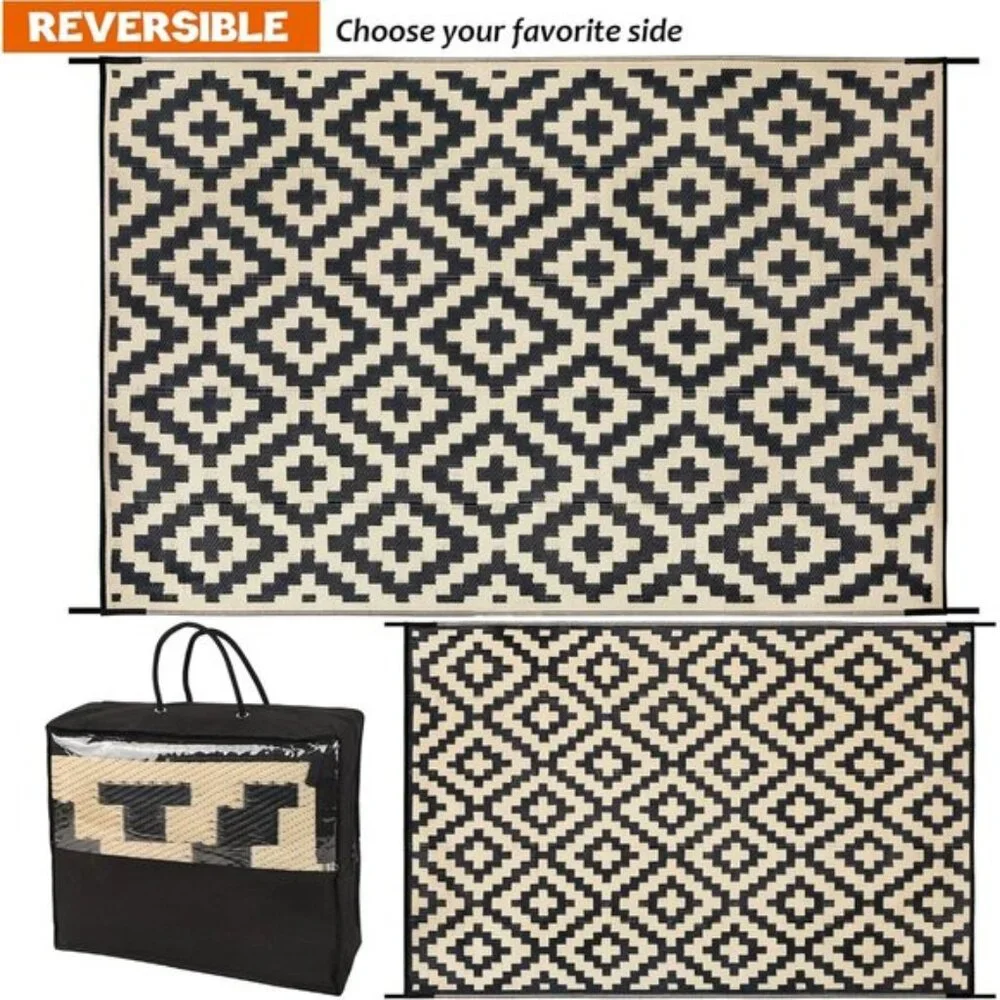 New Plastic Straw Rug Modern Black & Beige 6x9 Area Floor Mat for Indoor/Outdoor